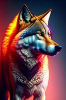 Portrait of a beautiful wolf in a neon light. 3d rendering photo