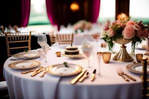 Wedding table setting with golden cutlery and crockery photo