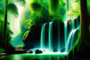 waterfall in green forest - 3d rendering for background or wallpaper photo