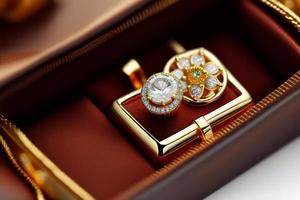 jewelry box with gold ring and earrings, closeup photo