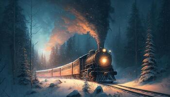 el fantasía tren es corriendo en fantasía glacial selva generativo ai foto