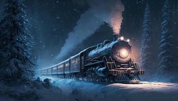 Fantasy train across a winter wilderness in ice area photo