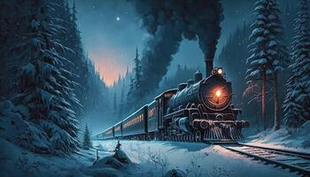 Fantasy train across a winter wilderness in the dark night photo