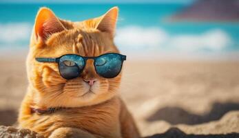 jengibre gato relajante en el playa vistiendo Gafas de sol ai generativo foto