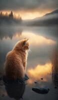 Lonely cat by the lake on sunset AI Genertaive photo