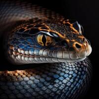 Dangerous snake face on black background photo