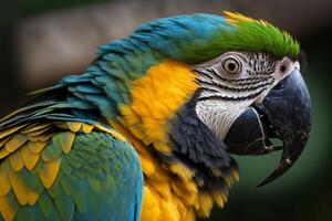 cerca arriba de hermosa guacamayo loro generativo ai foto