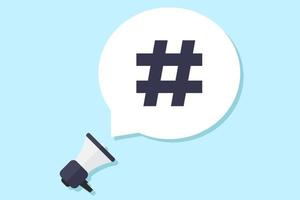 Hash tag, megaphone and chat bubble, flat design vector illustration