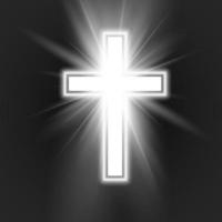 White Cross with frame and shine symbol of christianity. Symbol of hope and faith. Vector illustration isolated on dark background