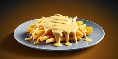 a plate of french fries with cheese sauce AI photo