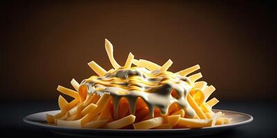 a plate of french fries with cheese sauce AI photo