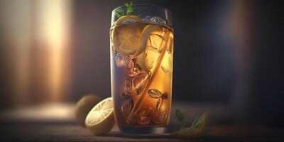 a glass of lemon ice tea with blurred background AI photo