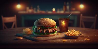 hamburger, french fries and coke drink on blurred background AI photo