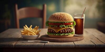 hamburger, french fries and coke drink on blurred background AI photo