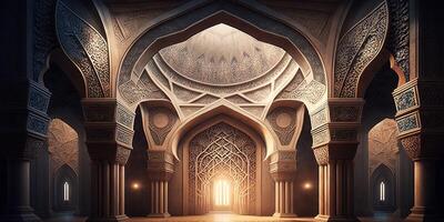 beuatiful interior decoration of islamic mosque AI photo