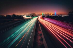 Traffic neon colorful light lamp long exposure city photography fast Made with photo