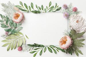 Blank white paper invitation message with flower frame top view Made with photo