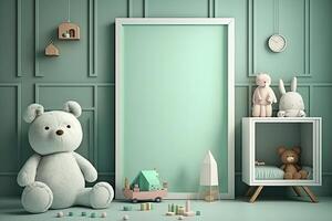 verde escandinavo interior niños' dormitorio con juguetes un muñecas ai generado foto