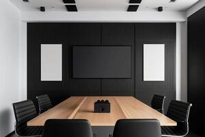 Interior of modern office meeting room black and white with wooden furniture conference table with black chairs and mock up Made with photo