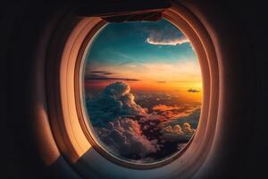 dentro avión ventana debajo puesta de sol nube hecho con generativo ai foto