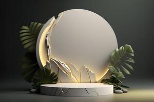 Round empty podium platform product display luxury white gray minimalist tropical plant Made with photo