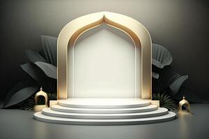 Round empty podium platform product display luxury gold white tropical minimalist Made with photo