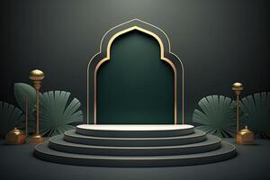 Luxury islamic ramadan podium stage product display green and gold frame photo