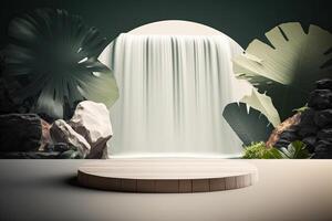 minimalist empty round wooden podium product showcase display with tropical plants photo