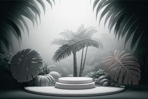 White green empty round podium platform tropical nature plants product showcase photo