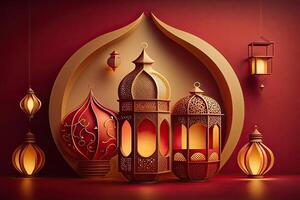 Islamic lantern stands with candle light and arabian ornament, ramadan kareem maroon background photo