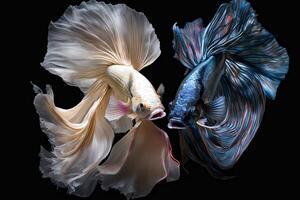 Beautiful colorful white and blue of siamese betta fish in plain dark black background Made with photo