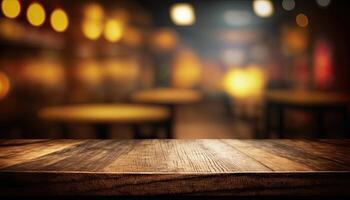 Empty wooden top table blurry cafe bar background Made with photo