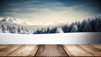 Empty wooden table top blurry snow mountain background made with photo