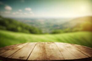 Empty wooden table top blurry green hills view background made with photo