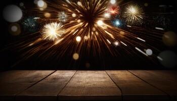 Empty wooden top table blurry fireworks background Made with photo