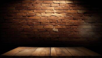 Empty wooden top table blurry brown brick background Made with photo