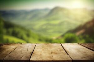 Empty wooden table top blurry green hills view background made with photo