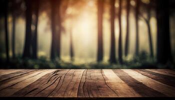 Empty wooden top table blurry trees forest background Made with photo
