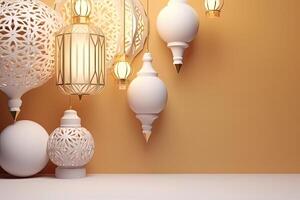 islámico linterna dorado y blanco lujo brillante ornamento Ramadán kareem celebracion antecedentes ai generado foto