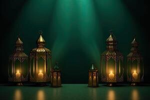 Islamic lantern golden and green luxury ornament ramadan kareem celebration photo