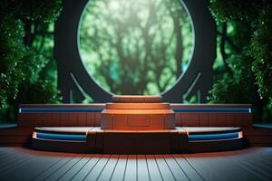 Empty wooden podium stage altar product presentation showcase display nature forest background photo