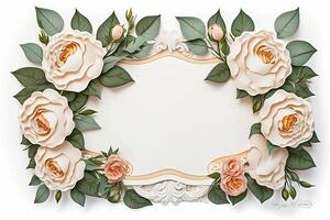 Blank white paper invitation message with flower frame top view Made with photo