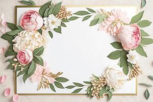 Blank white paper invitation message with flower frame top view Made with photo