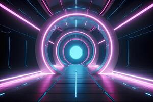 Futuristic corridor hallway tunnel with neon light. Hi-tech sci-fi passageway spaceship background photo