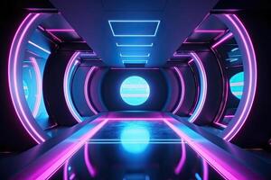 Futuristic corridor hallway tunnel with neon light. Hi-tech sci-fi passageway spaceship background photo