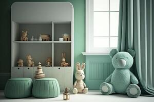 verde escandinavo interior niños' dormitorio con juguetes un muñecas ai generado foto