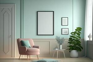 Modern living room with plants, counter and frame.white green pastel color background Made With photo