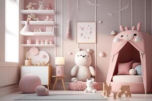 Pink scandinavian interior kids' bedroom with toys an dolls photo