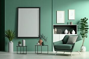 Modern living room with plants, counter and frame.white green pastel color background Made With photo