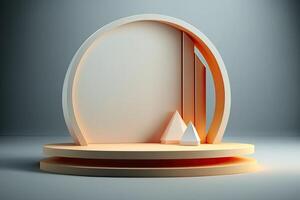 minimalist empty round wooden podium product showcase display with tropical plants photo